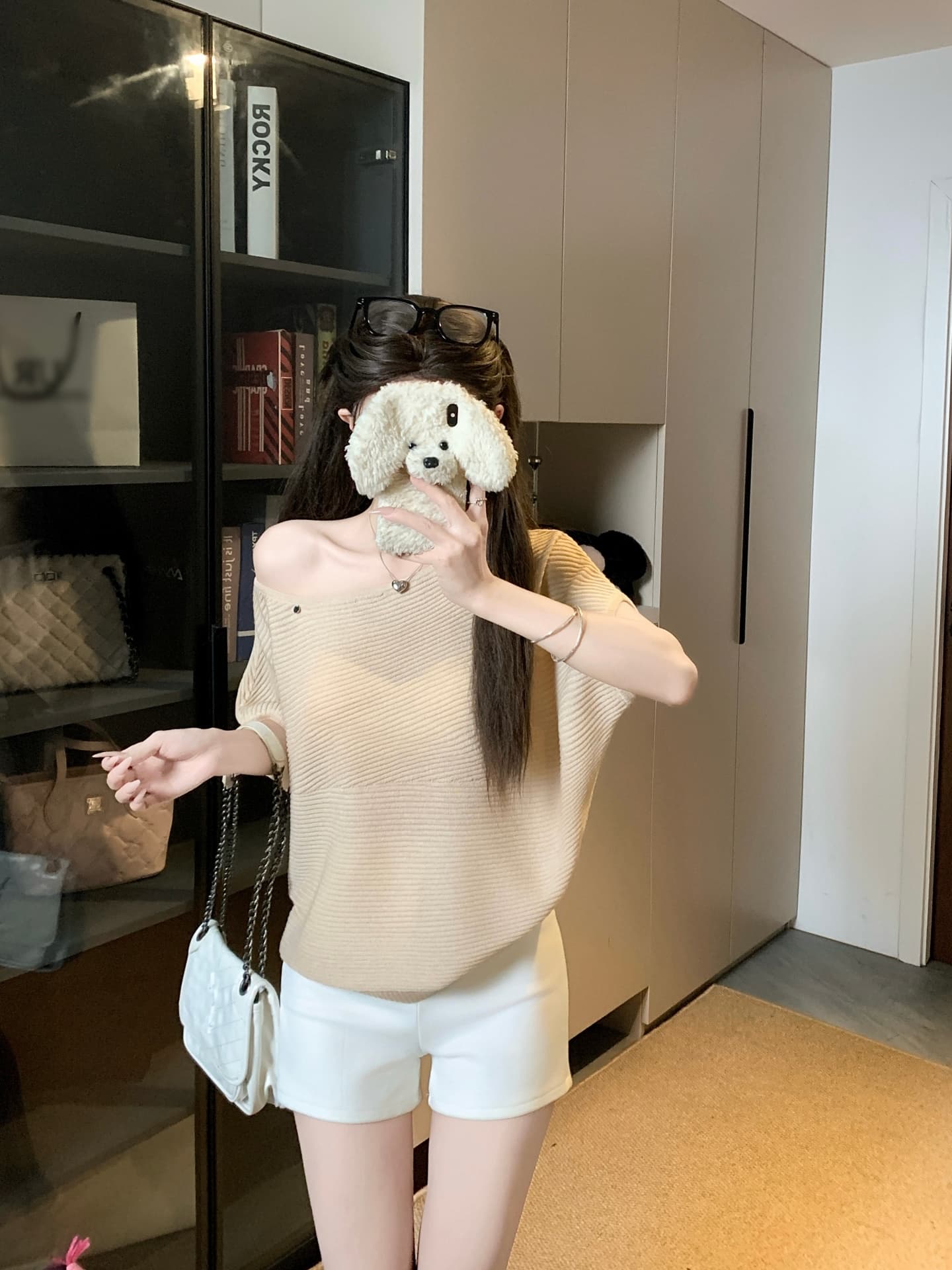 물건 가져 오기 ~까지 Daxi 하오 b03c 2026 년 여름 새로운 비스듬한 칼라 배트윙 소매 둘 착용 슬림해 보이는 니트 작은 셔츠 상세 이미지 5