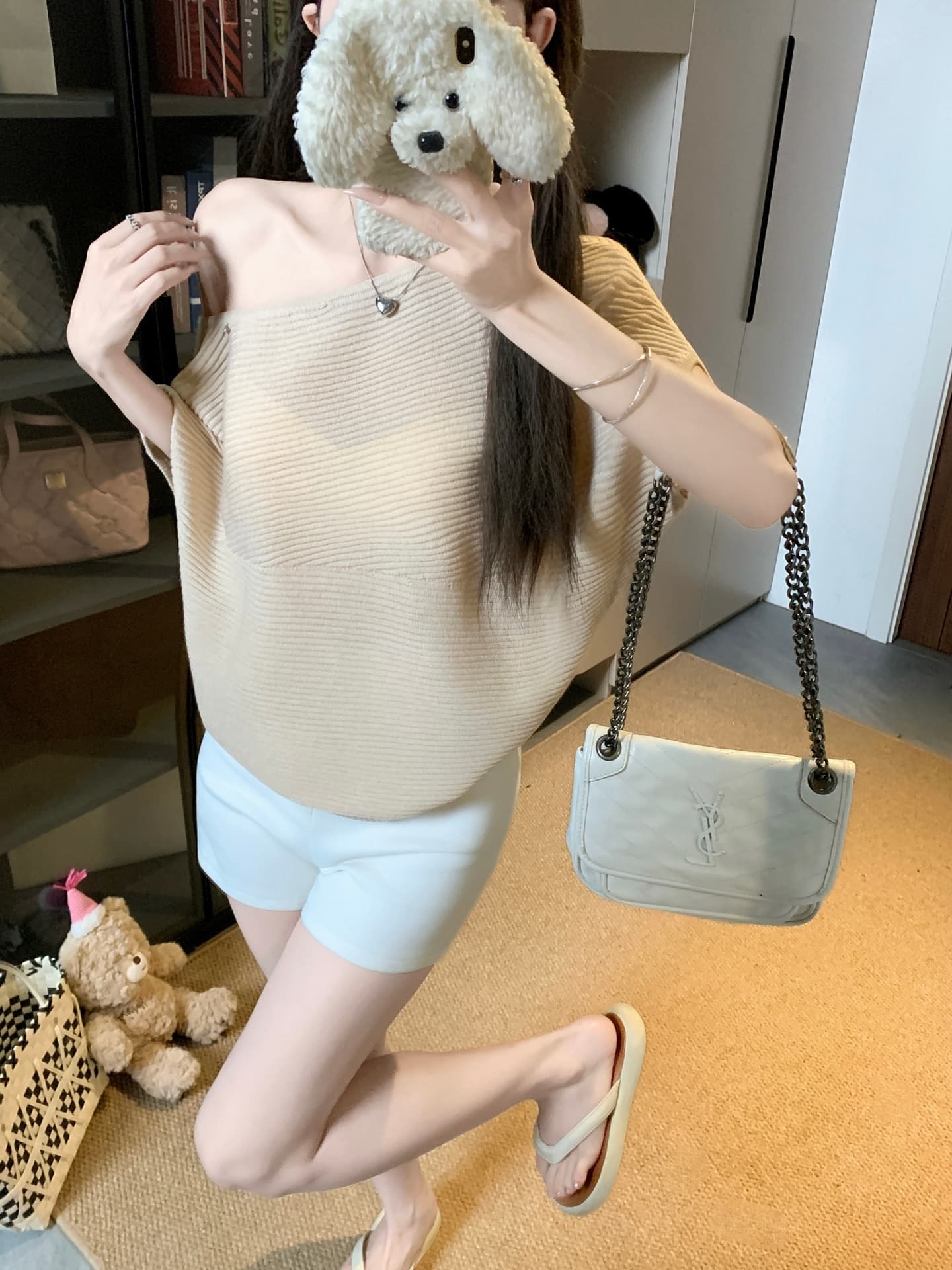 물건 가져 오기 ~까지 Daxi 하오 b03c 2026 년 여름 새로운 비스듬한 칼라 배트윙 소매 둘 착용 슬림해 보이는 니트 작은 셔츠 상세 이미지 7