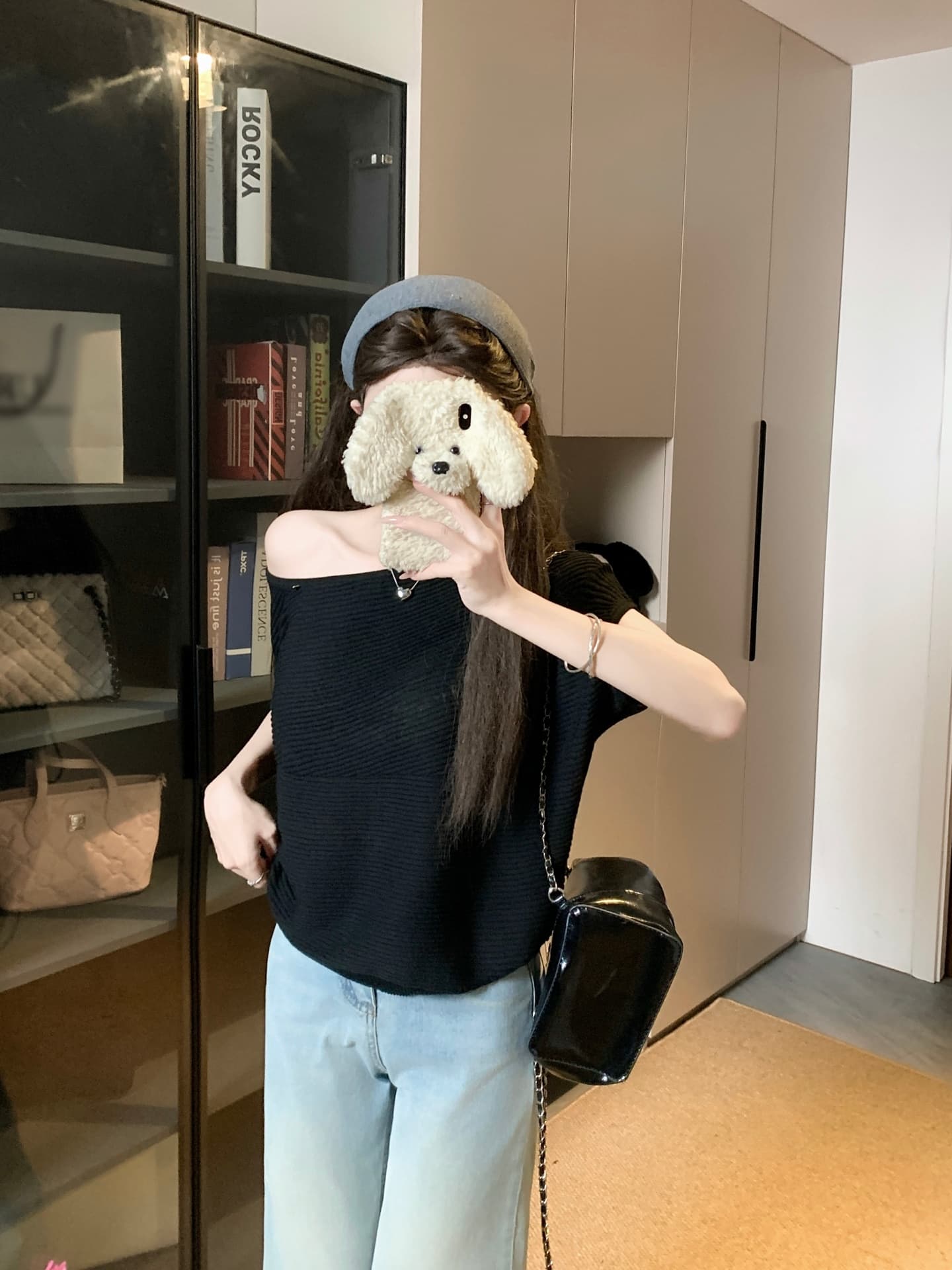물건 가져 오기 ~까지 Daxi 하오 b03c 2026 년 여름 새로운 비스듬한 칼라 배트윙 소매 둘 착용 슬림해 보이는 니트 작은 셔츠 상세 이미지 16