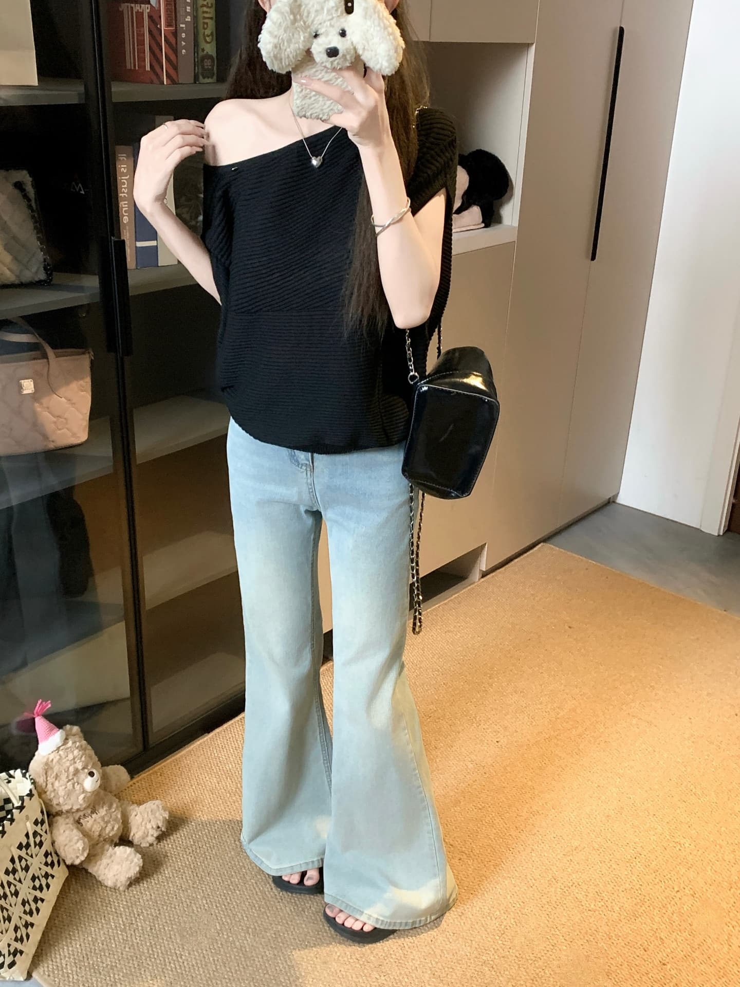 물건 가져 오기 ~까지 Daxi 하오 b03c 2026 년 여름 새로운 비스듬한 칼라 배트윙 소매 둘 착용 슬림해 보이는 니트 작은 셔츠 상세 이미지 19