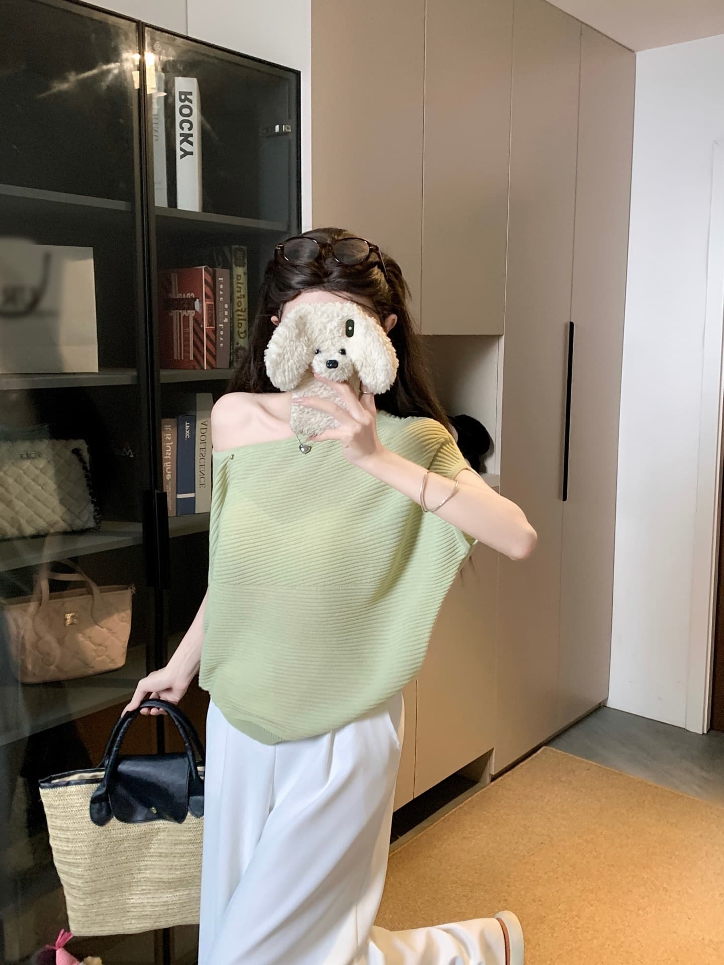 물건 가져 오기 ~까지 Daxi 하오 b03c 2026 년 여름 새로운 비스듬한 칼라 배트윙 소매 둘 착용 슬림해 보이는 니트 작은 셔츠 상세 이미지 25
