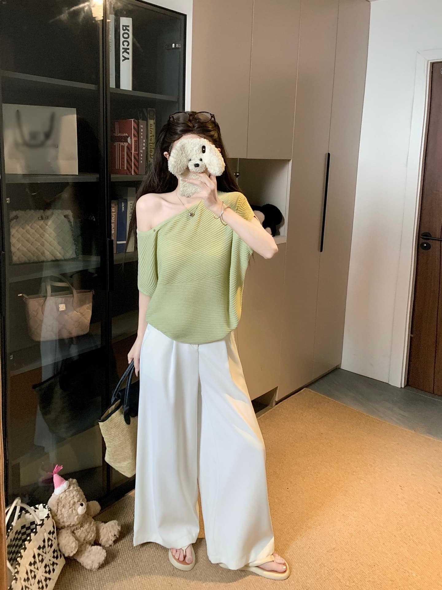 물건 가져 오기 ~까지 Daxi 하오 b03c 2026 년 여름 새로운 비스듬한 칼라 배트윙 소매 둘 착용 슬림해 보이는 니트 작은 셔츠 상세 이미지 27