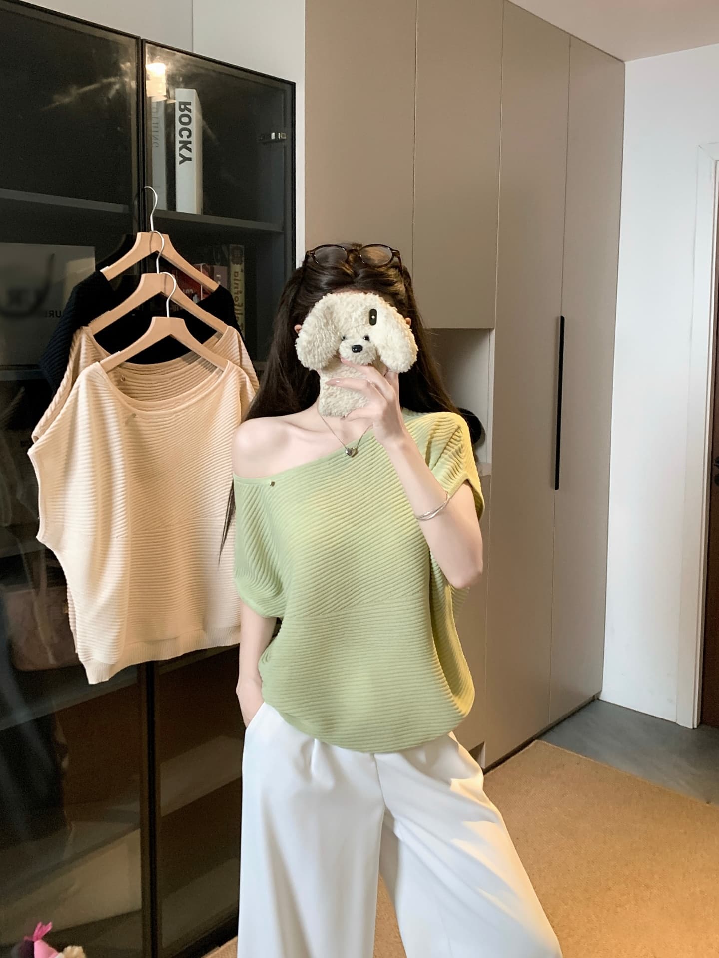 물건 가져 오기 ~까지 Daxi 하오 b03c 2026 년 여름 새로운 비스듬한 칼라 배트윙 소매 둘 착용 슬림해 보이는 니트 작은 셔츠 상세 이미지 30