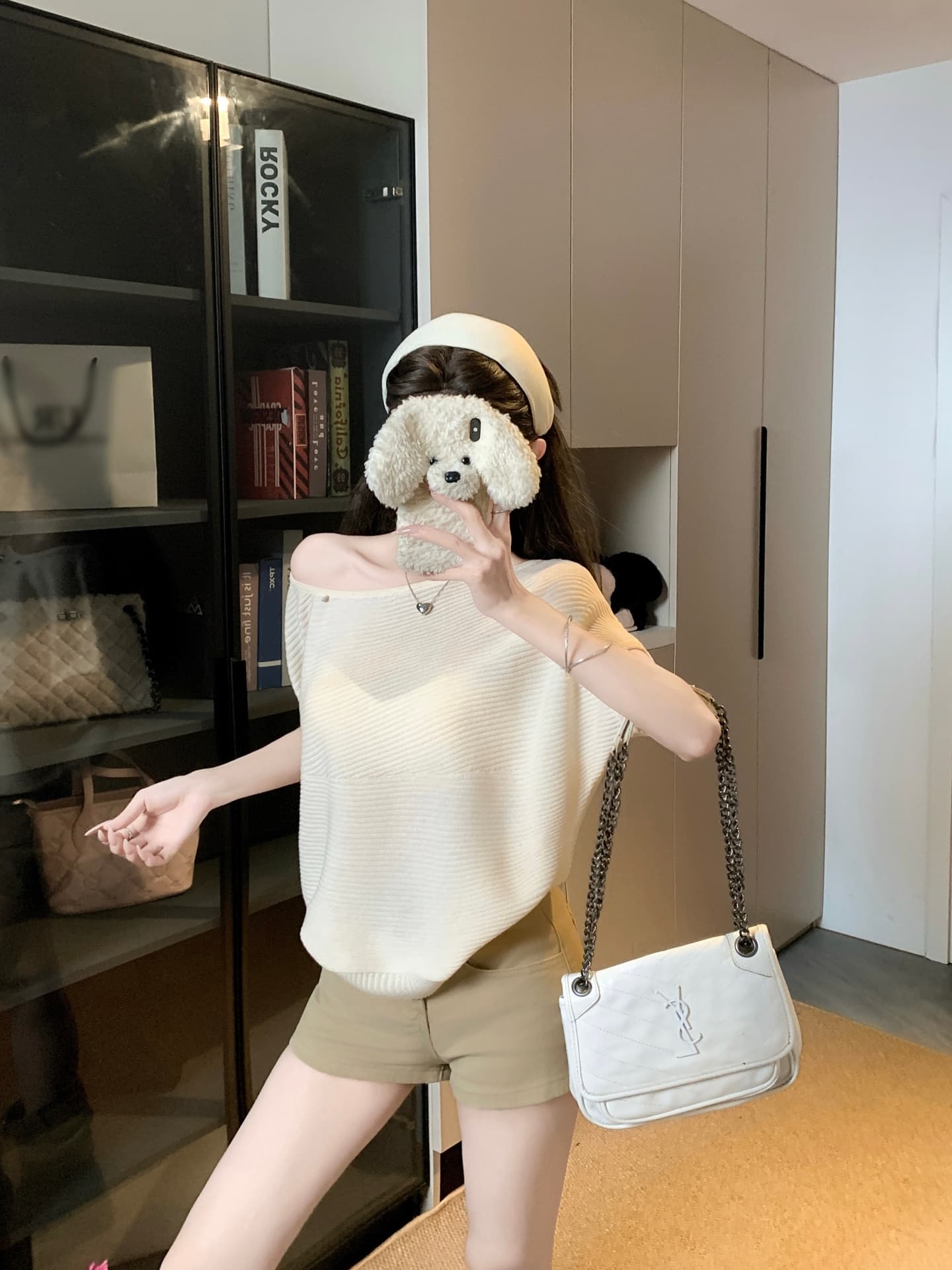 물건 가져 오기 ~까지 Daxi 하오 b03c 2026 년 여름 새로운 비스듬한 칼라 배트윙 소매 둘 착용 슬림해 보이는 니트 작은 셔츠 상세 이미지 31