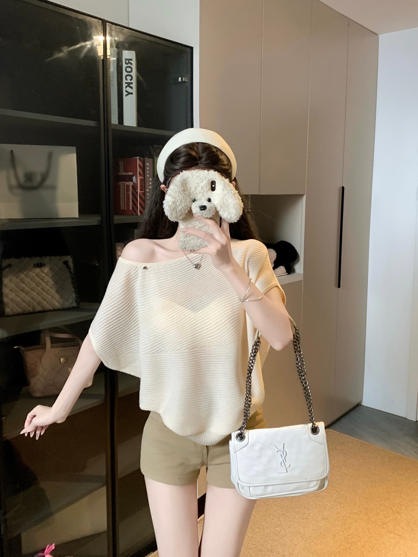물건 가져 오기 ~까지 Daxi 하오 b03c 2026 년 여름 새로운 비스듬한 칼라 배트윙 소매 둘 착용 슬림해 보이는 니트 작은 셔츠 상세 이미지 32