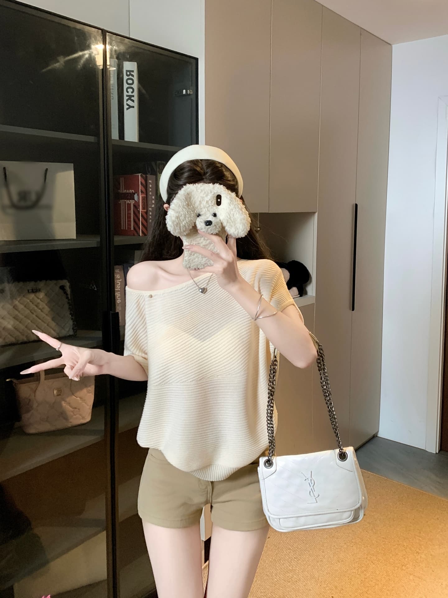 물건 가져 오기 ~까지 Daxi 하오 b03c 2026 년 여름 새로운 비스듬한 칼라 배트윙 소매 둘 착용 슬림해 보이는 니트 작은 셔츠 상세 이미지 33