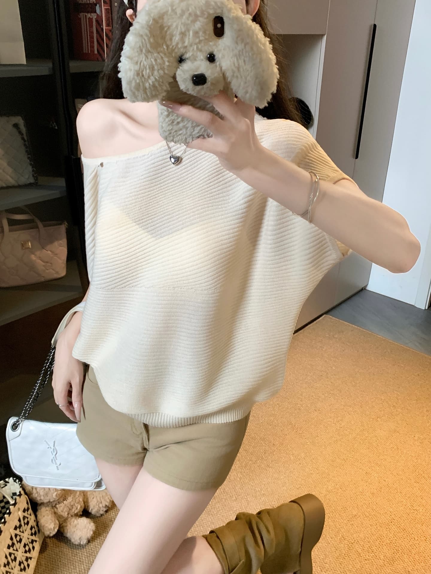 물건 가져 오기 ~까지 Daxi 하오 b03c 2026 년 여름 새로운 비스듬한 칼라 배트윙 소매 둘 착용 슬림해 보이는 니트 작은 셔츠 상세 이미지 36