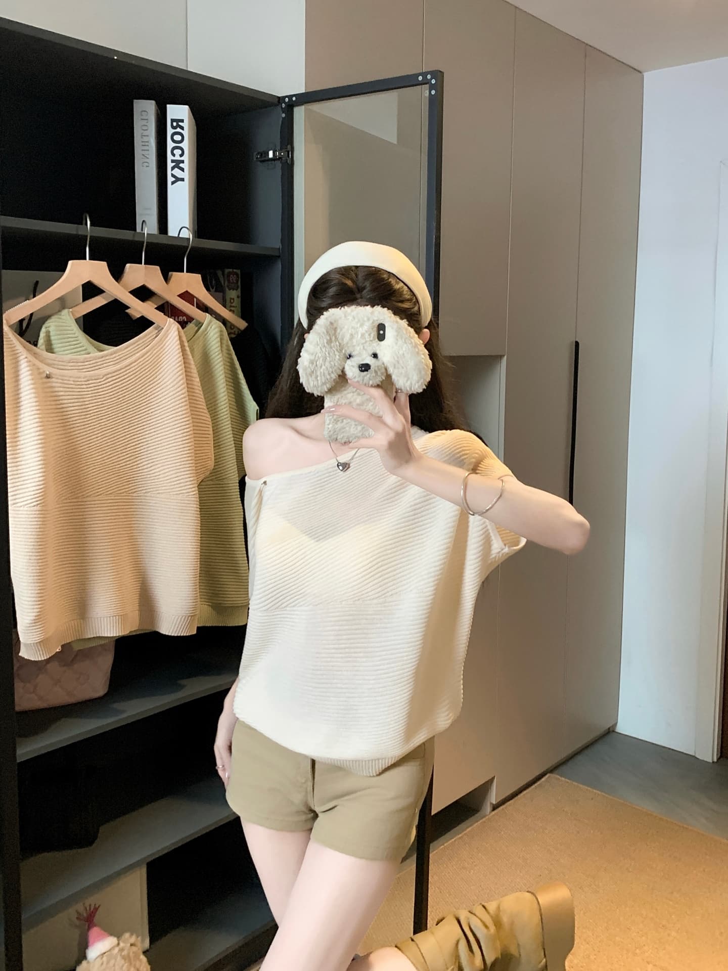 물건 가져 오기 ~까지 Daxi 하오 b03c 2026 년 여름 새로운 비스듬한 칼라 배트윙 소매 둘 착용 슬림해 보이는 니트 작은 셔츠 상세 이미지 40