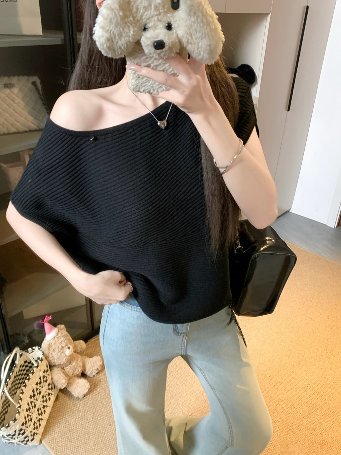 물건 가져 오기 ~까지 Daxi 하오 b03c 2026 년 여름 새로운 비스듬한 칼라 배트윙 소매 둘 착용 슬림해 보이는 니트 작은 셔츠 상세 이미지 45
