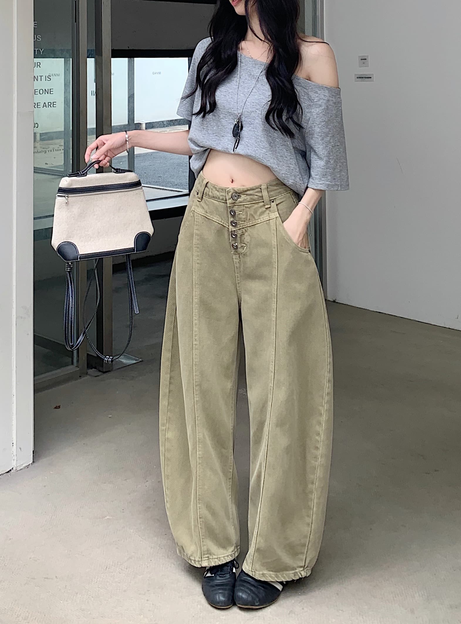 실사 아메리칸 레트로 카키 색 모통이 칼 워크웨어 청바지 여성 여름 하이웨이스트 루즈핏 넓은 다리 낫 바지 상세 이미지 2