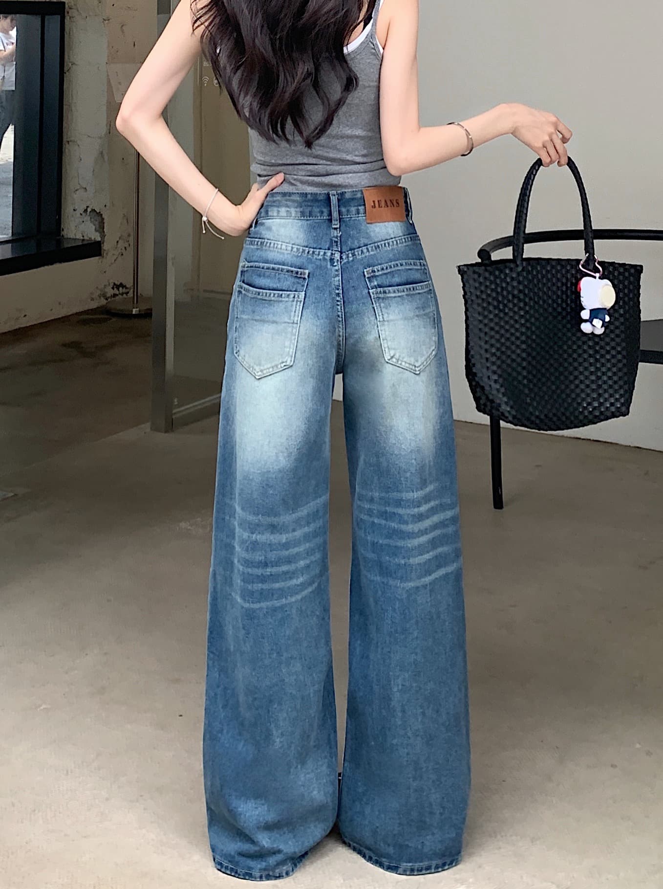 실사 아메리칸 레트로 파란색 좁은 에디션 스트레이트 청바지 여성 루즈핏 슬림해 보이는 다용도 도루 센스 바닥 청소 와이드 레그 팬츠 이미지 5