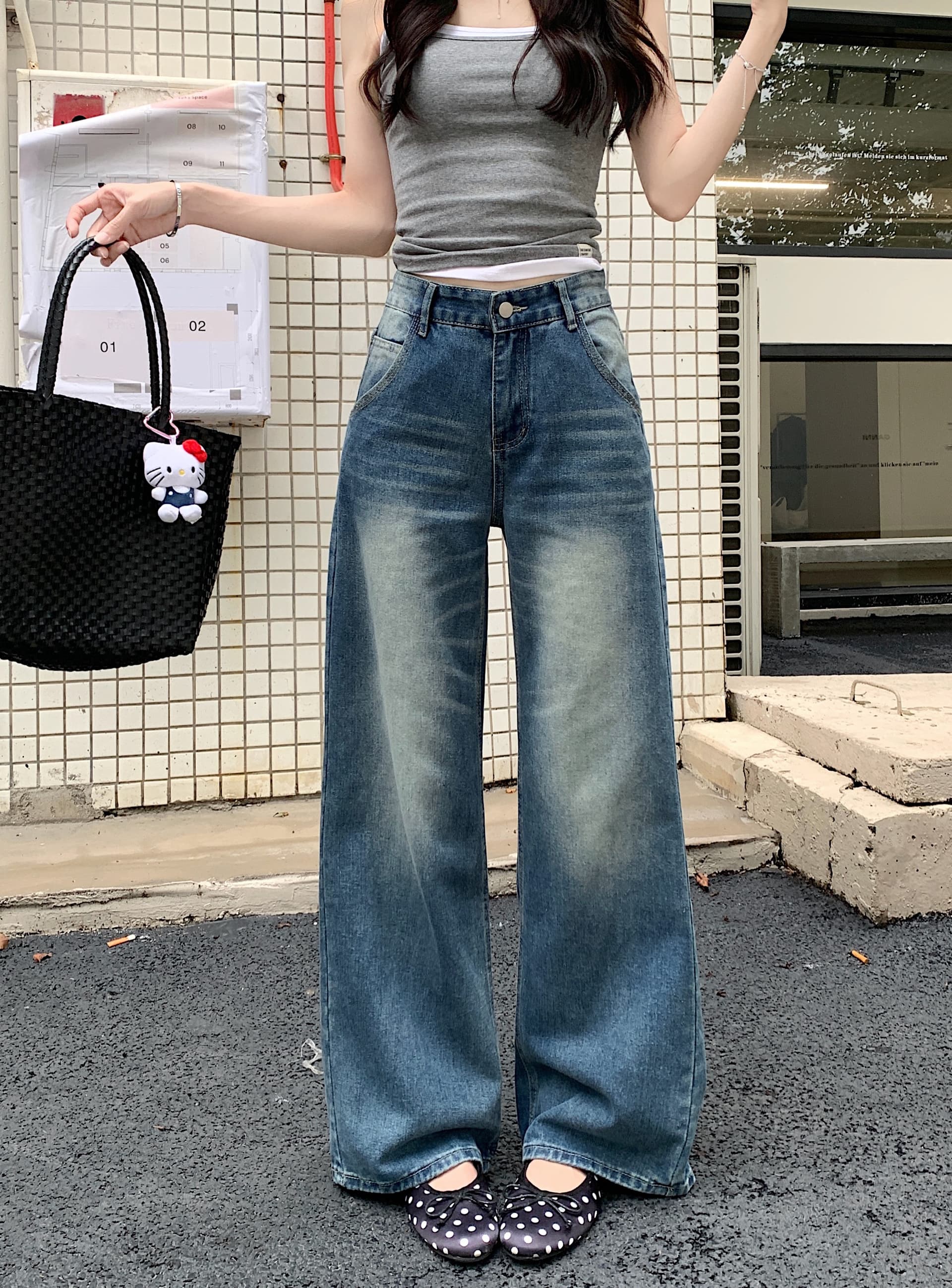 실사 아메리칸 레트로 파란색 좁은 에디션 스트레이트 청바지 여성 루즈핏 슬림해 보이는 다용도 도루 센스 바닥 청소 와이드 레그 팬츠 이미지 3