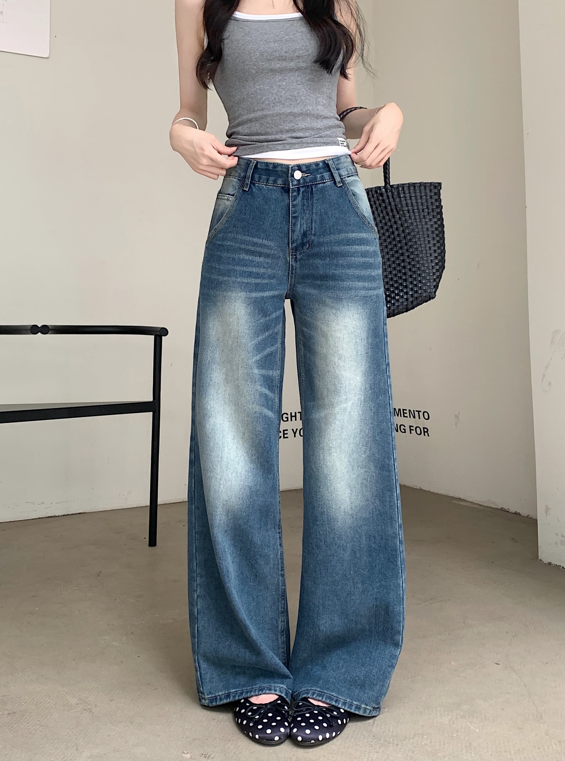 실사 아메리칸 레트로 파란색 좁은 에디션 스트레이트 청바지 여성 루즈핏 슬림해 보이는 다용도 도루 센스 바닥 청소 와이드 레그 팬츠 상세 이미지 11