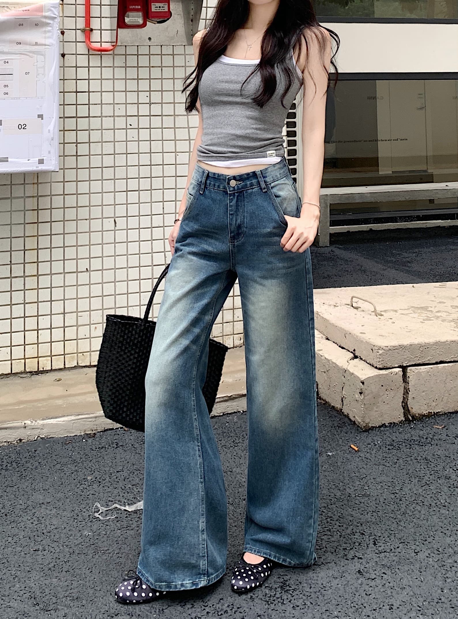 실사 아메리칸 레트로 파란색 좁은 에디션 스트레이트 청바지 여성 루즈핏 슬림해 보이는 다용도 도루 센스 바닥 청소 와이드 레그 팬츠 상세 이미지 12
