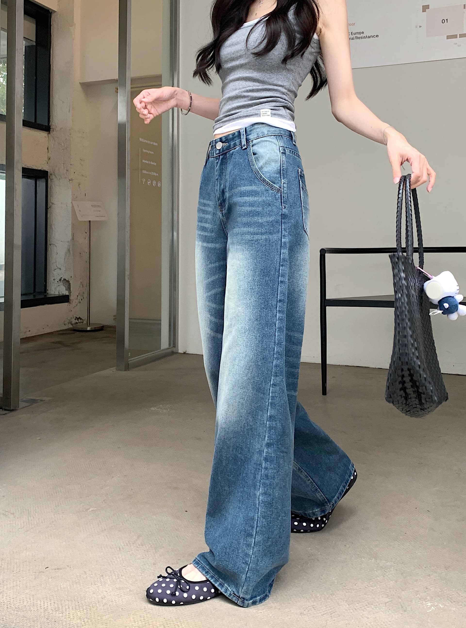 실사 아메리칸 레트로 파란색 좁은 에디션 스트레이트 청바지 여성 루즈핏 슬림해 보이는 다용도 도루 센스 바닥 청소 와이드 레그 팬츠 상세 이미지 15