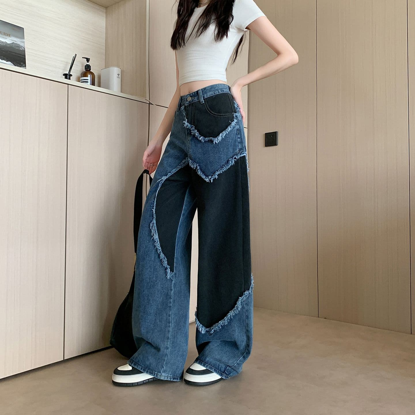 실사 정가 아메리칸 레트로 거친 가장자리 하트 패치워크 배색 청바지 여성 새로운 루즈핏 스트레이트 와이드 레그 팬츠 상세 이미지 9
