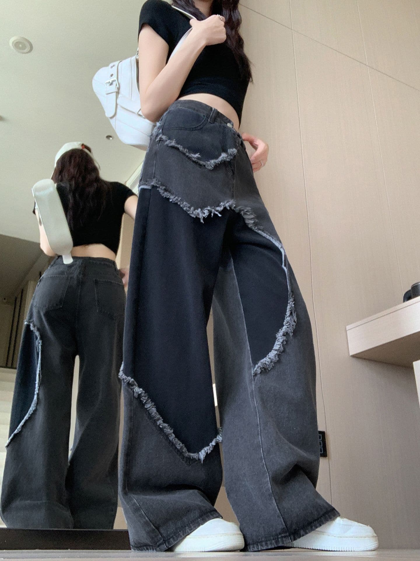 실사 정가 아메리칸 레트로 거친 가장자리 하트 패치워크 배색 청바지 여성 새로운 루즈핏 스트레이트 와이드 레그 팬츠 상세 이미지 16