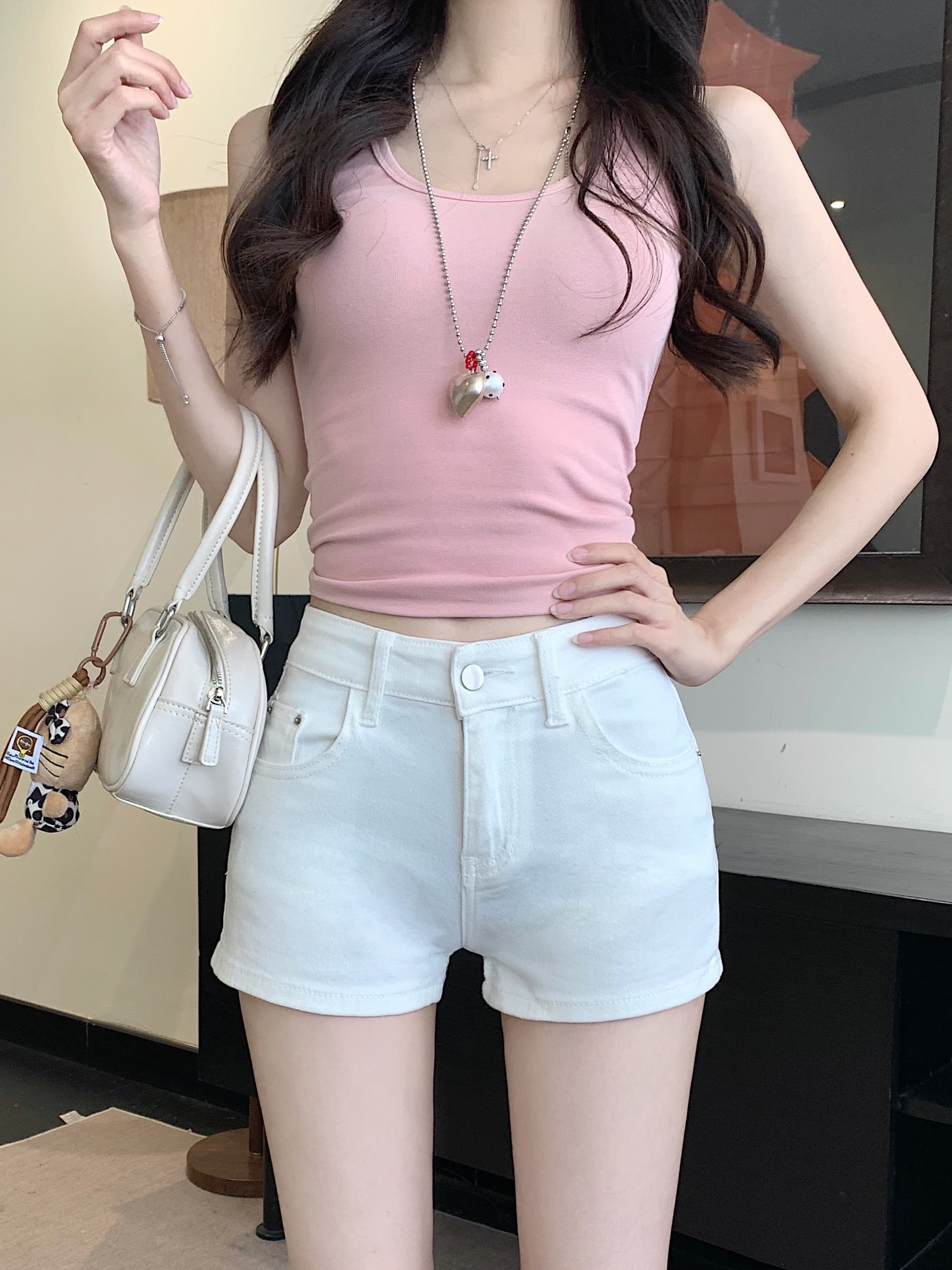 실사 아메리칸 핑크색 하이웨이스트 데님 초단바지 여성 여름 새로운 핫걸 이후 주머니 자수 리프트 엉덩이 핫 바지 상세 이미지 9