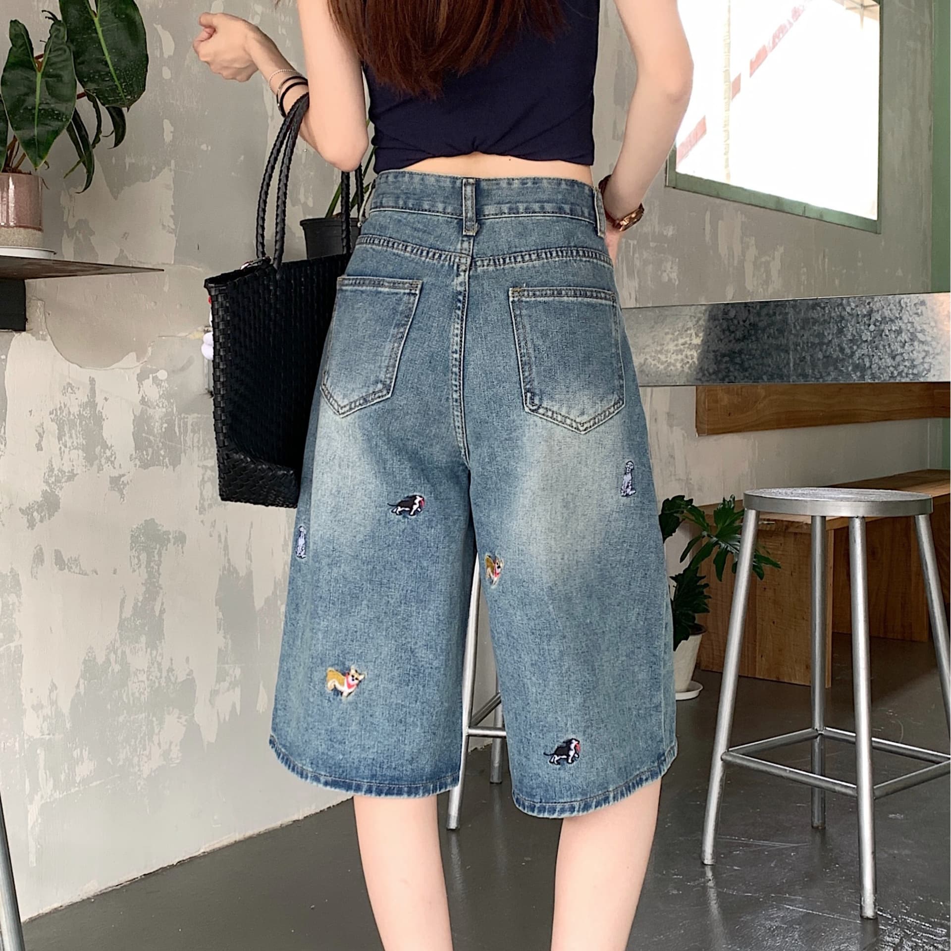 실사 아메리칸 강아지 자수 5 점 청바지 여성 여름 새로운 루즈핏 슬림해 보이는 넓은 다리 7 점 바지 이미지 5