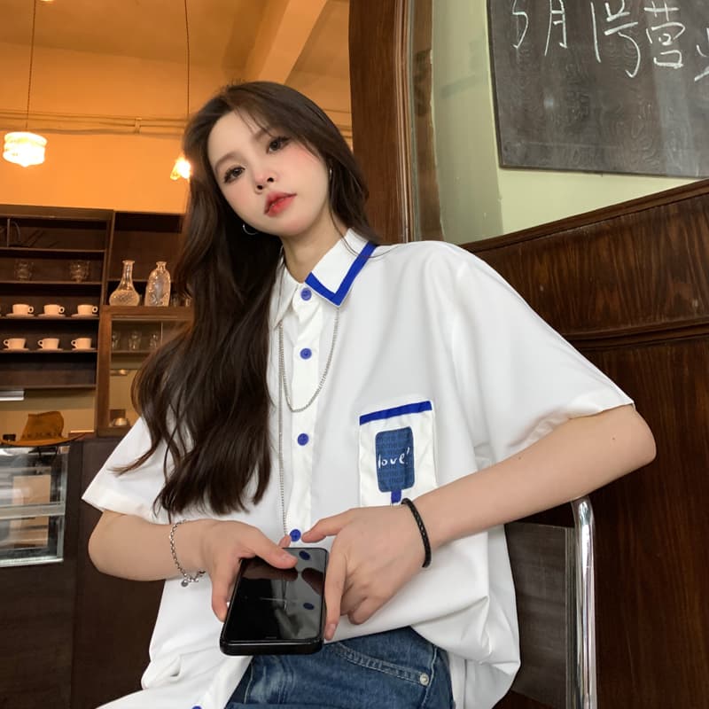 실사 정가 조수 브랜드 목걸이 반팔 여성 셔츠 여름 디자인 센스 작은 대중 프랑스식 레트로 맨위 이미지 6