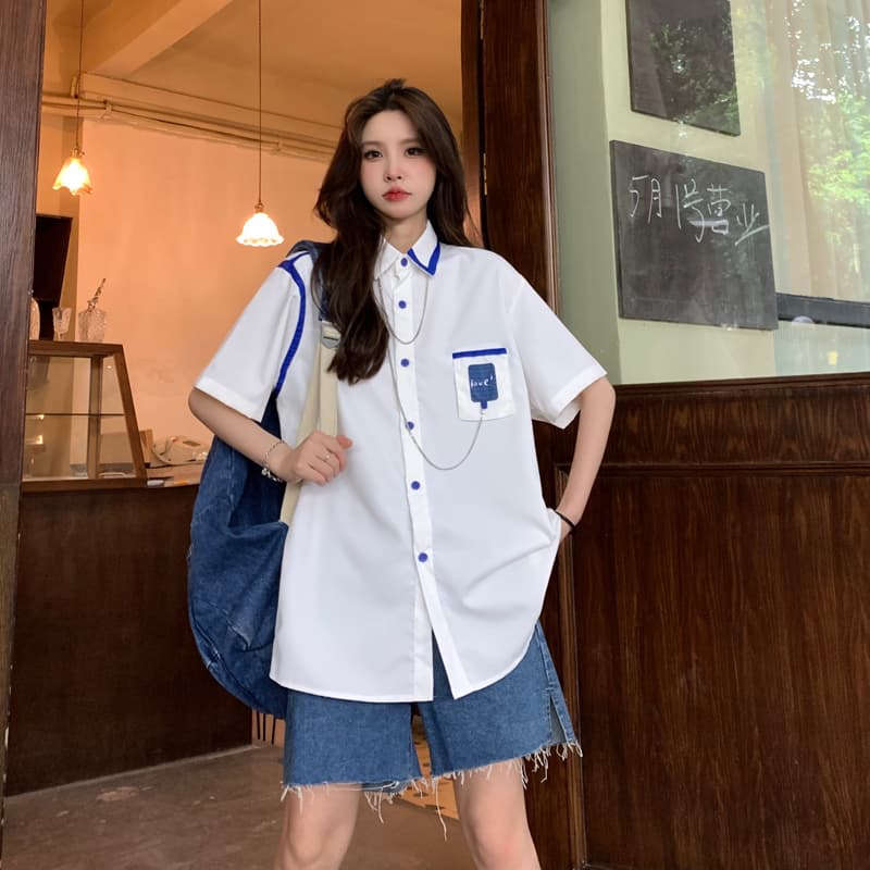 실사 정가 조수 브랜드 목걸이 반팔 여성 셔츠 여름 디자인 센스 작은 대중 프랑스식 레트로 맨위 상세 이미지 3