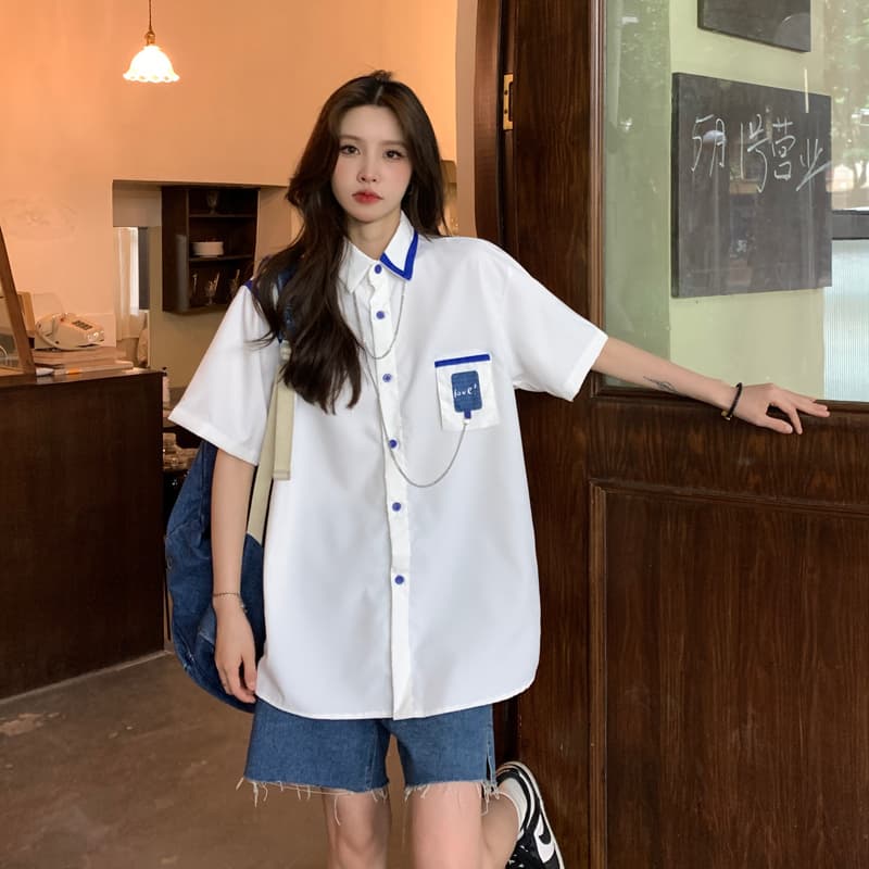 실사 정가 조수 브랜드 목걸이 반팔 여성 셔츠 여름 디자인 센스 작은 대중 프랑스식 레트로 맨위 상세 이미지 5