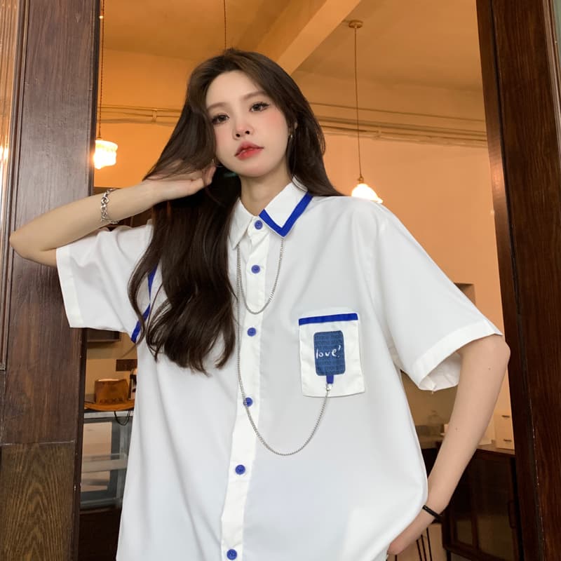 실사 정가 조수 브랜드 목걸이 반팔 여성 셔츠 여름 디자인 센스 작은 대중 프랑스식 레트로 맨위 상세 이미지 6