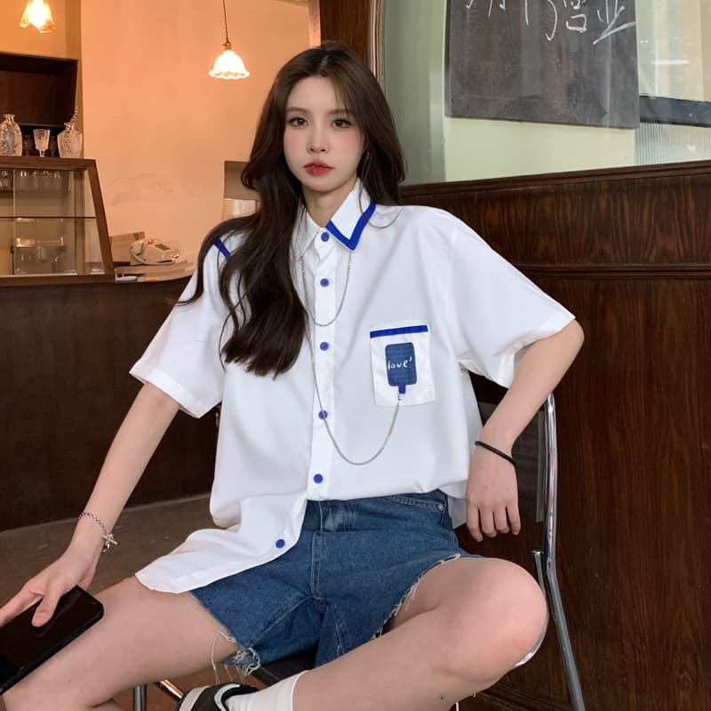 실사 정가 조수 브랜드 목걸이 반팔 여성 셔츠 여름 디자인 센스 작은 대중 프랑스식 레트로 맨위 상세 이미지 11