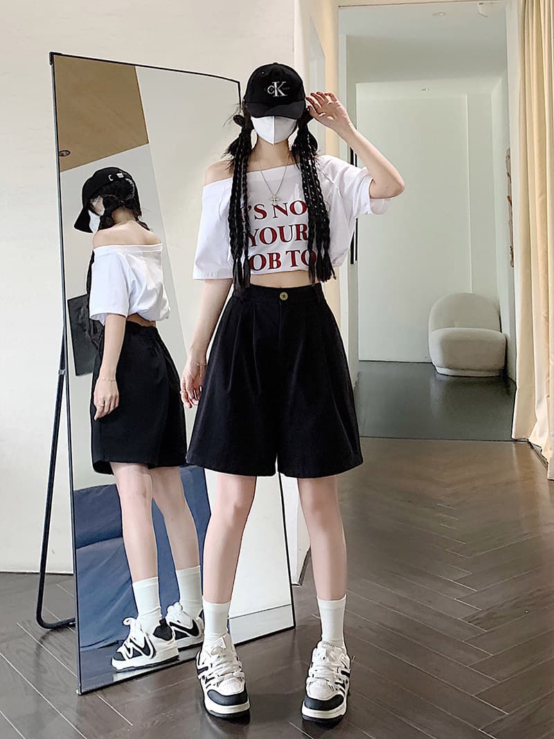 실사 정가 워크웨어 반바지 여성 여름 얇은 스타일 하이웨이스트 한 마디 넓은 다리 루즈핏 캐주얼 오부 바지 상세 이미지 12