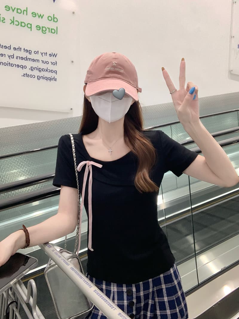 실사 정가 반팔 티셔츠 여성 의류 여름 새로운 디자인 센스 단색 몸매 가꾸기 슬림해 보이는 나비 매듭 비스듬한 칼라 맨위 상세 이미지 14