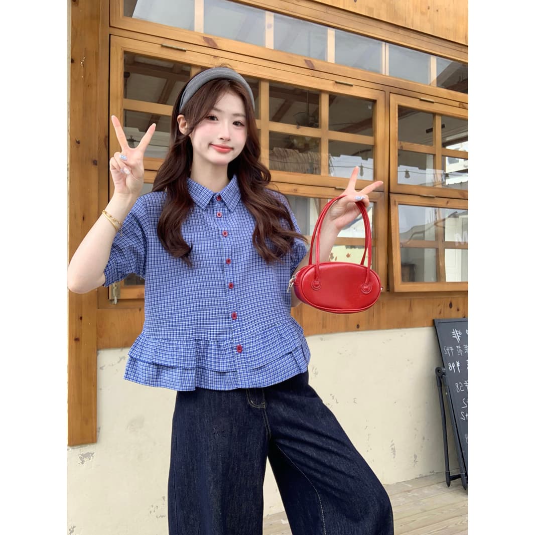 실사 정가 파란색 체크무늬 거품 소매 여성 셔츠 2026 여름 착용 가져 가라. 프릴 셔츠 맨위 쇼트 스타일 이미지 5