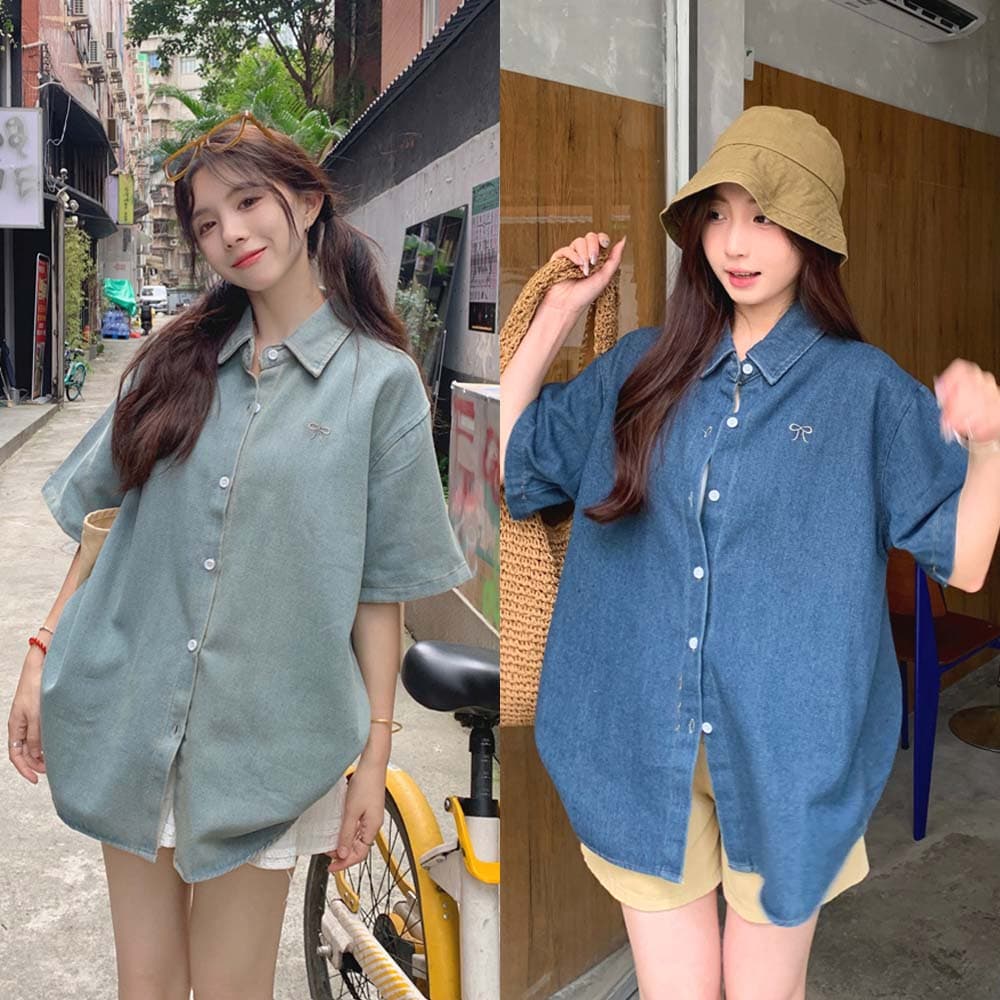 실사 정가 레트로 캐주얼 나비 매듭 자수 여성 셔츠 2026 새로운 POLO 칼라 5 점 소매 맨위