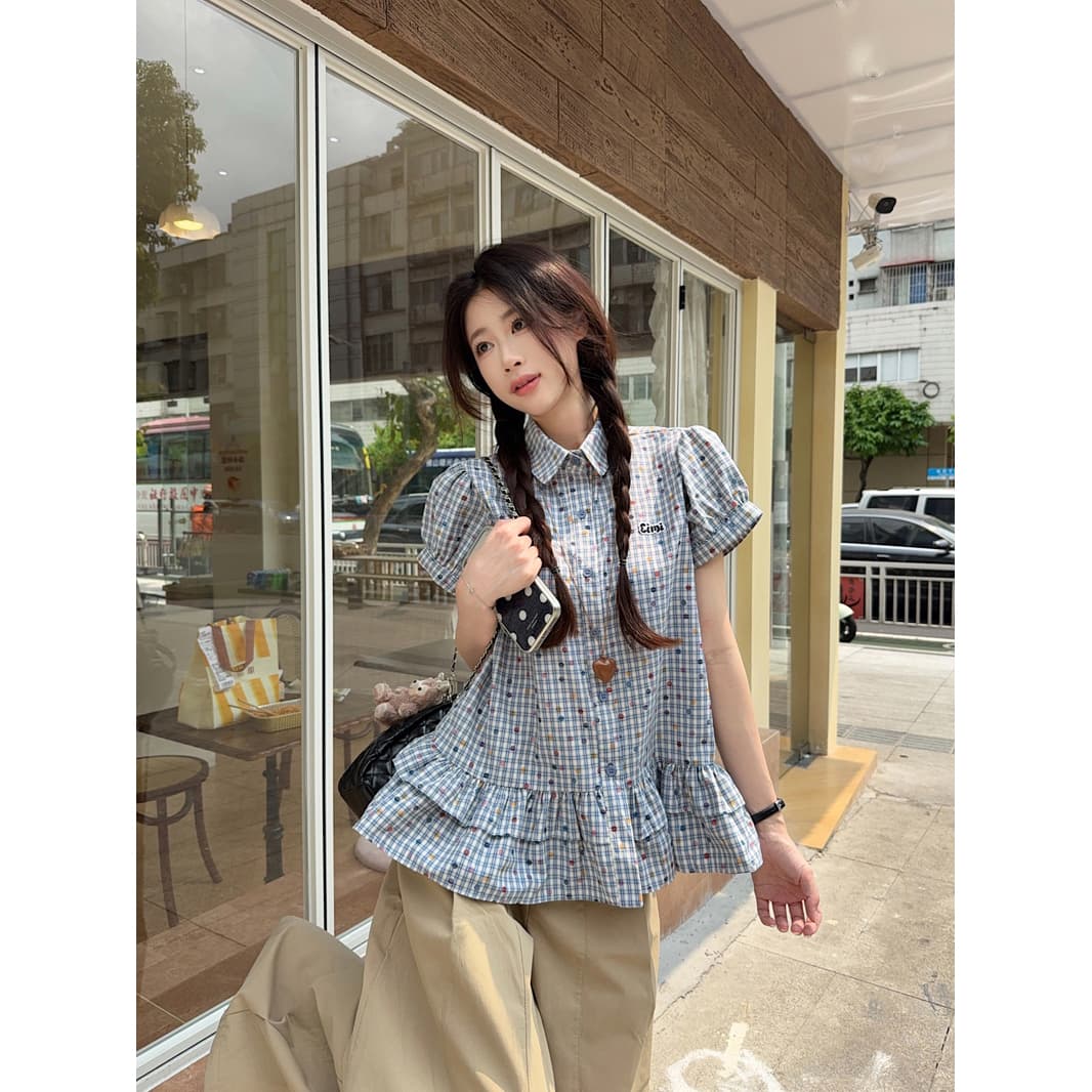 실사 정가 자수 체크무늬 거품 소매 여성 셔츠 2026 여름 새로운 Chic 달콤함 프릴 맨위 이미지 2