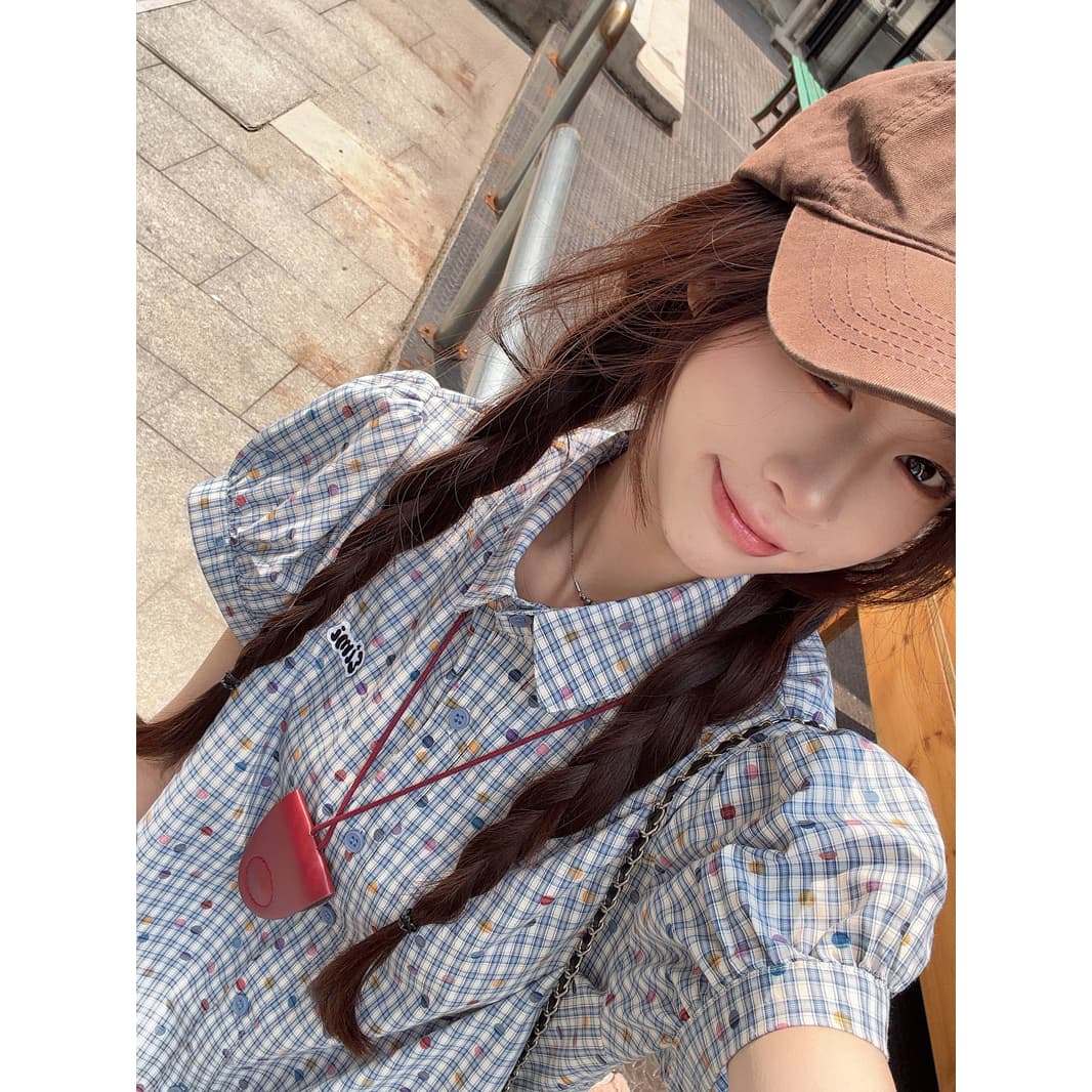 실사 정가 자수 체크무늬 거품 소매 여성 셔츠 2026 여름 새로운 Chic 달콤함 프릴 맨위 이미지 5