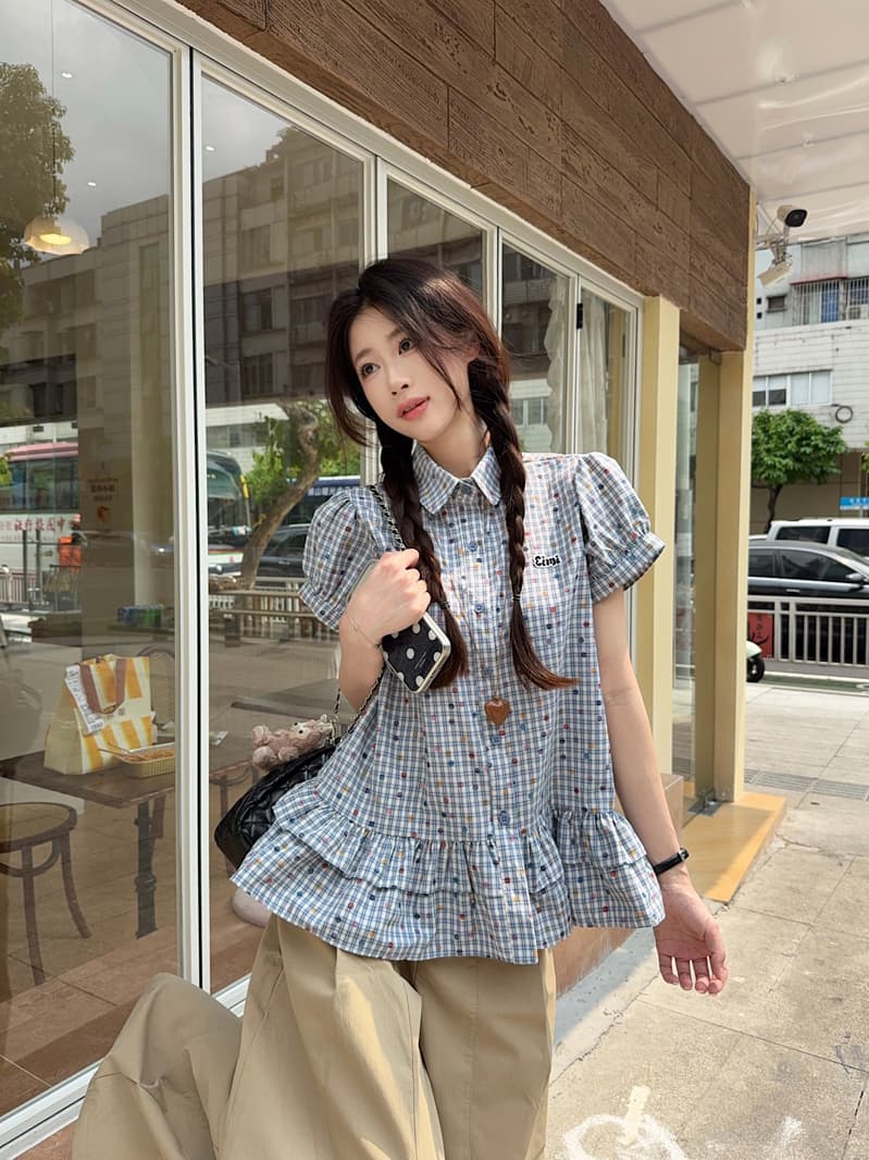실사 정가 자수 체크무늬 거품 소매 여성 셔츠 2026 여름 새로운 Chic 달콤함 프릴 맨위 상세 이미지 15