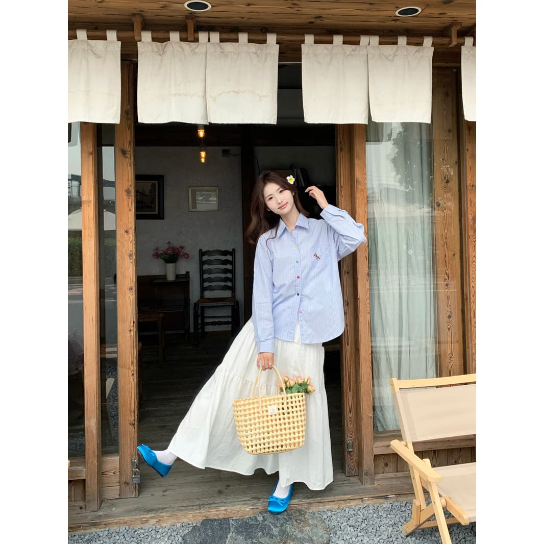 실사 정가 색상 작은 말 자수 블루 스트라이프 셔츠 여성 의류 긴팔 2025 새로운 Chic 폴로 칼라 맨위 이미지 5