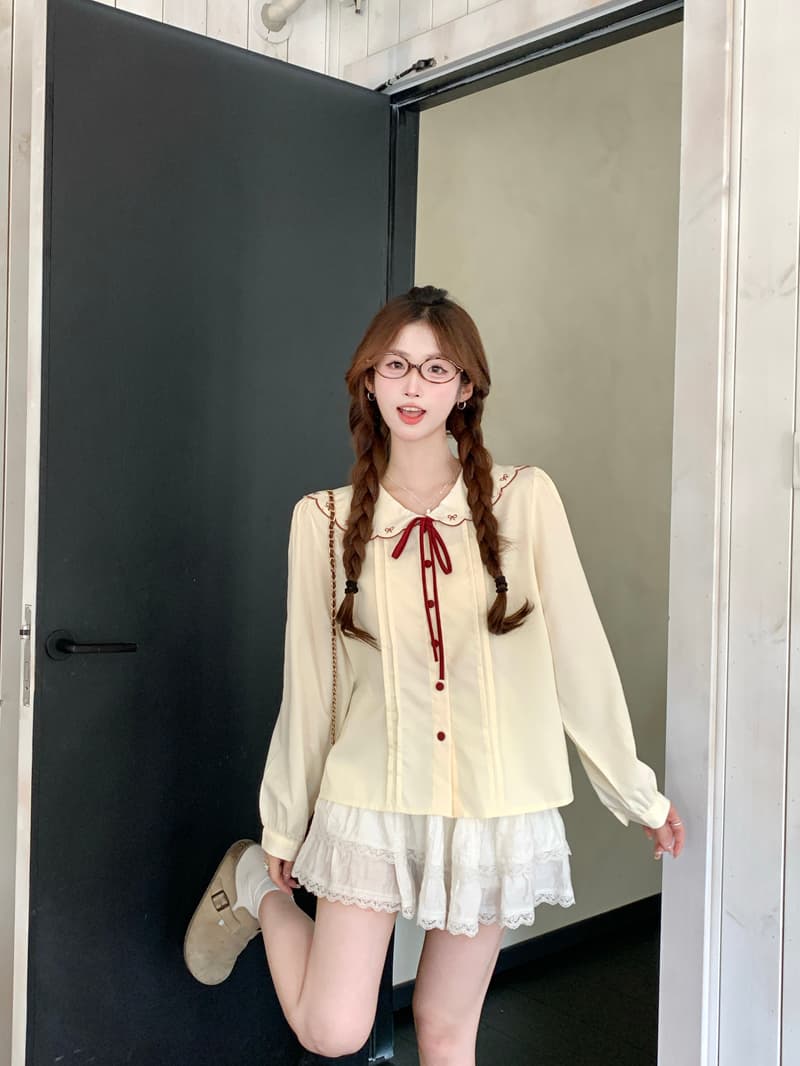 실사 정가 나비 매듭 자수 베이비 칼라 셔츠 여성 의류 레트로 루즈핏 긴팔 맨위 인사이드 가져 가라. 외출용 상세 이미지 14