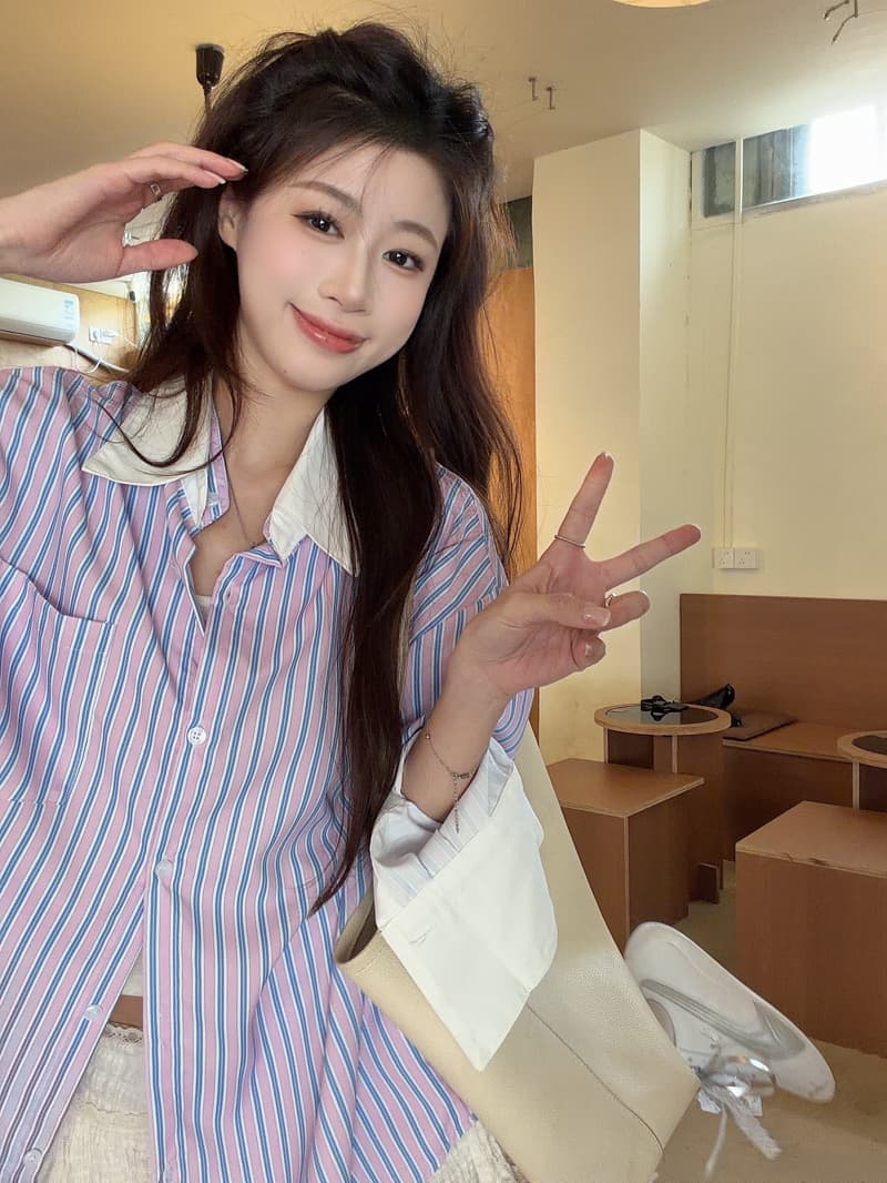 실사 정가 한 부서 고급 센스 작은 대중 디자인 스트라이프 패치워크 뒤집다 소매 맨위 블라우스 루즈핏 재킷 상세 이미지 4