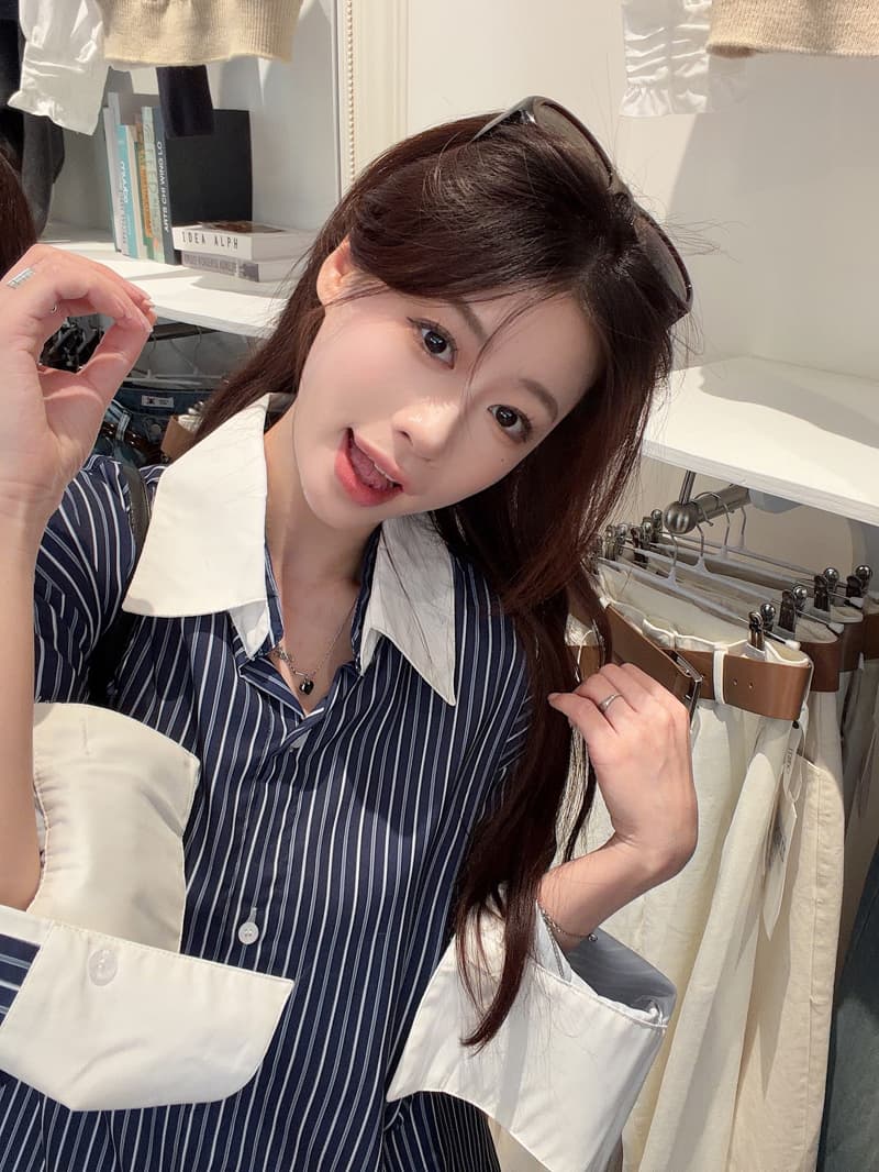 실사 정가 한 부서 고급 센스 작은 대중 디자인 스트라이프 패치워크 뒤집다 소매 맨위 블라우스 루즈핏 재킷 상세 이미지 20