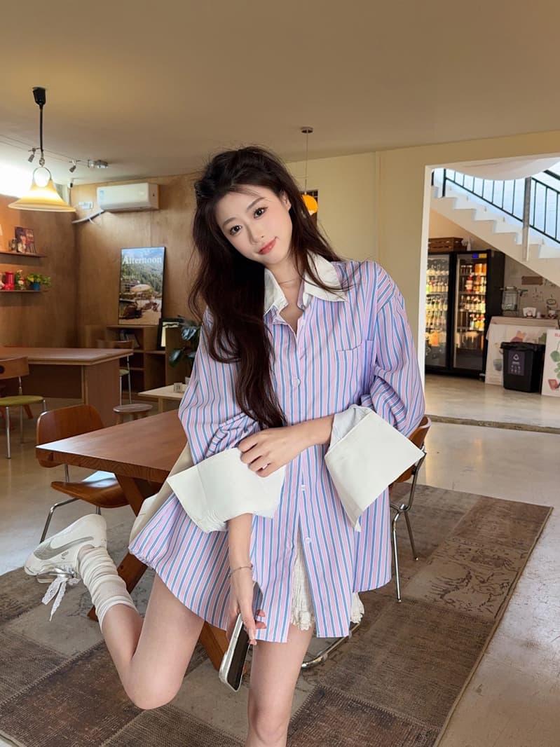 실사 정가 한 부서 고급 센스 작은 대중 디자인 스트라이프 패치워크 뒤집다 소매 맨위 블라우스 루즈핏 재킷 상세 이미지 21