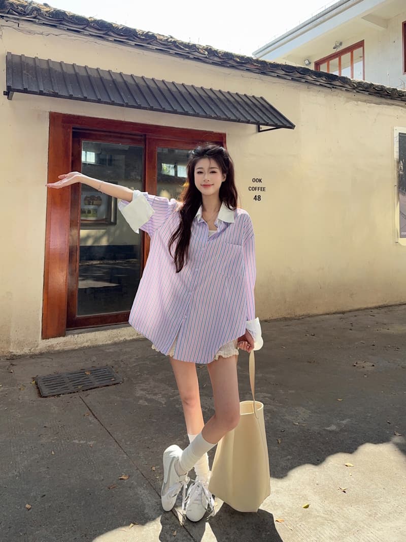 실사 정가 한 부서 고급 센스 작은 대중 디자인 스트라이프 패치워크 뒤집다 소매 맨위 블라우스 루즈핏 재킷 상세 이미지 29