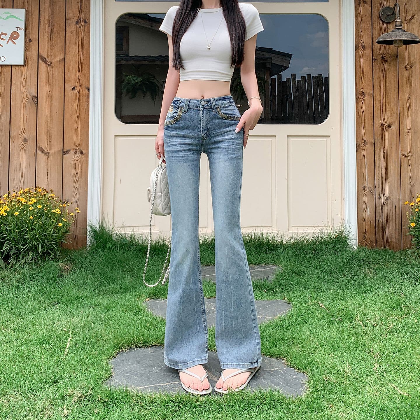 실사 정가 레오파드 무늬 패치워크 청바지 여성 높음 거리 워싱 레트로 파란색 바지 핫걸 나팔 긴 바지 상세 이미지 1