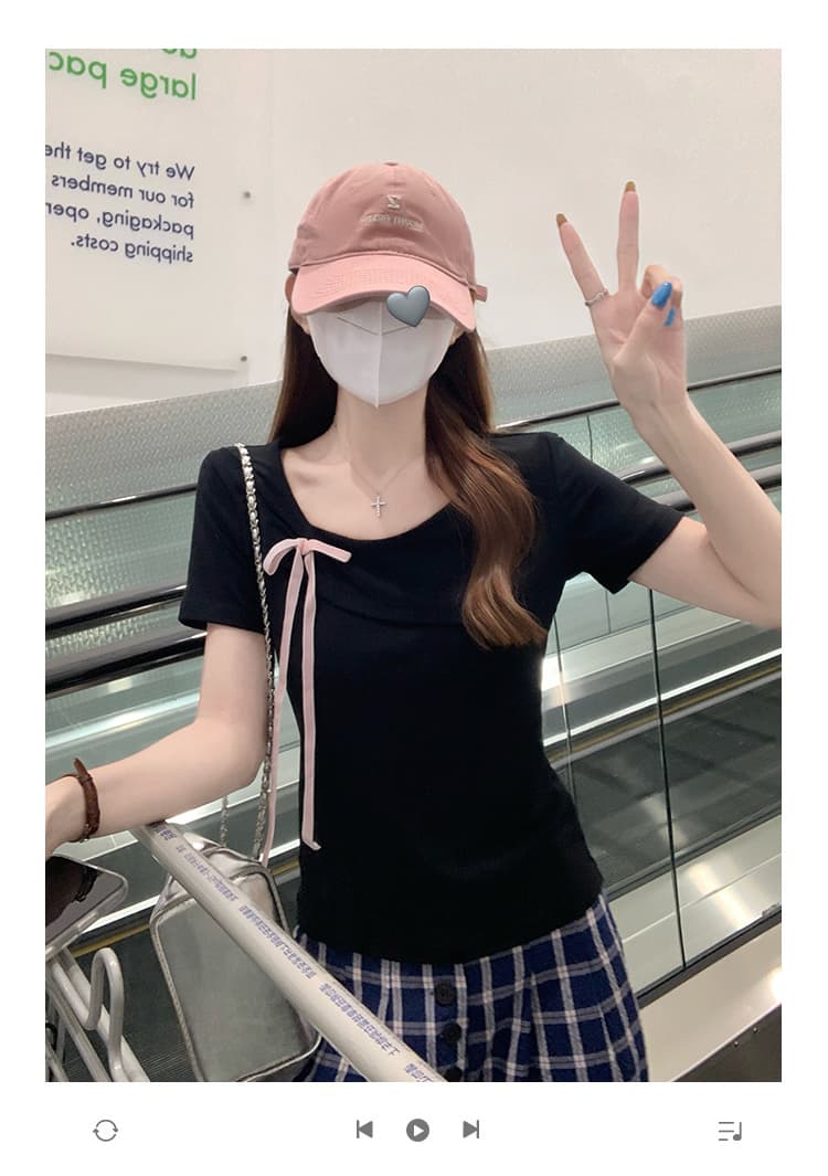 실사 정가 반팔 티셔츠 여성 의류 여름 새로운 디자인 센스 단색 몸매 가꾸기 슬림해 보이는 나비 매듭 비스듬한 칼라 맨위 상세 이미지 1