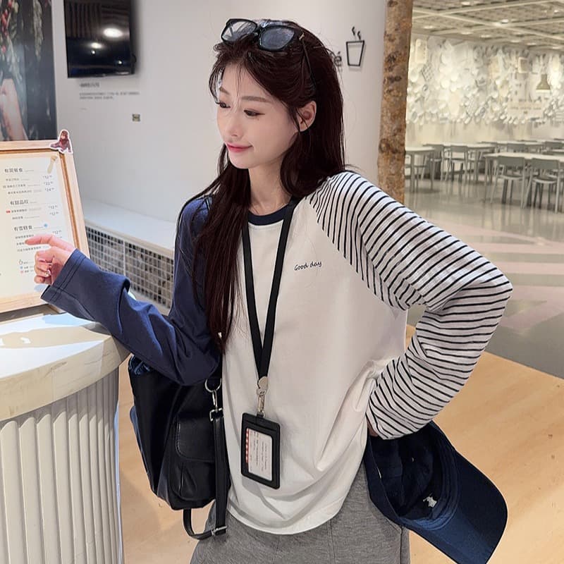 실사 정가 순면 긴팔 티셔츠 기본 셔츠 여성 얇은 스타일 스트라이프 삽입 어깨 소매 가을 새로운 루즈핏 라운드 넥 맨위 이미지 5