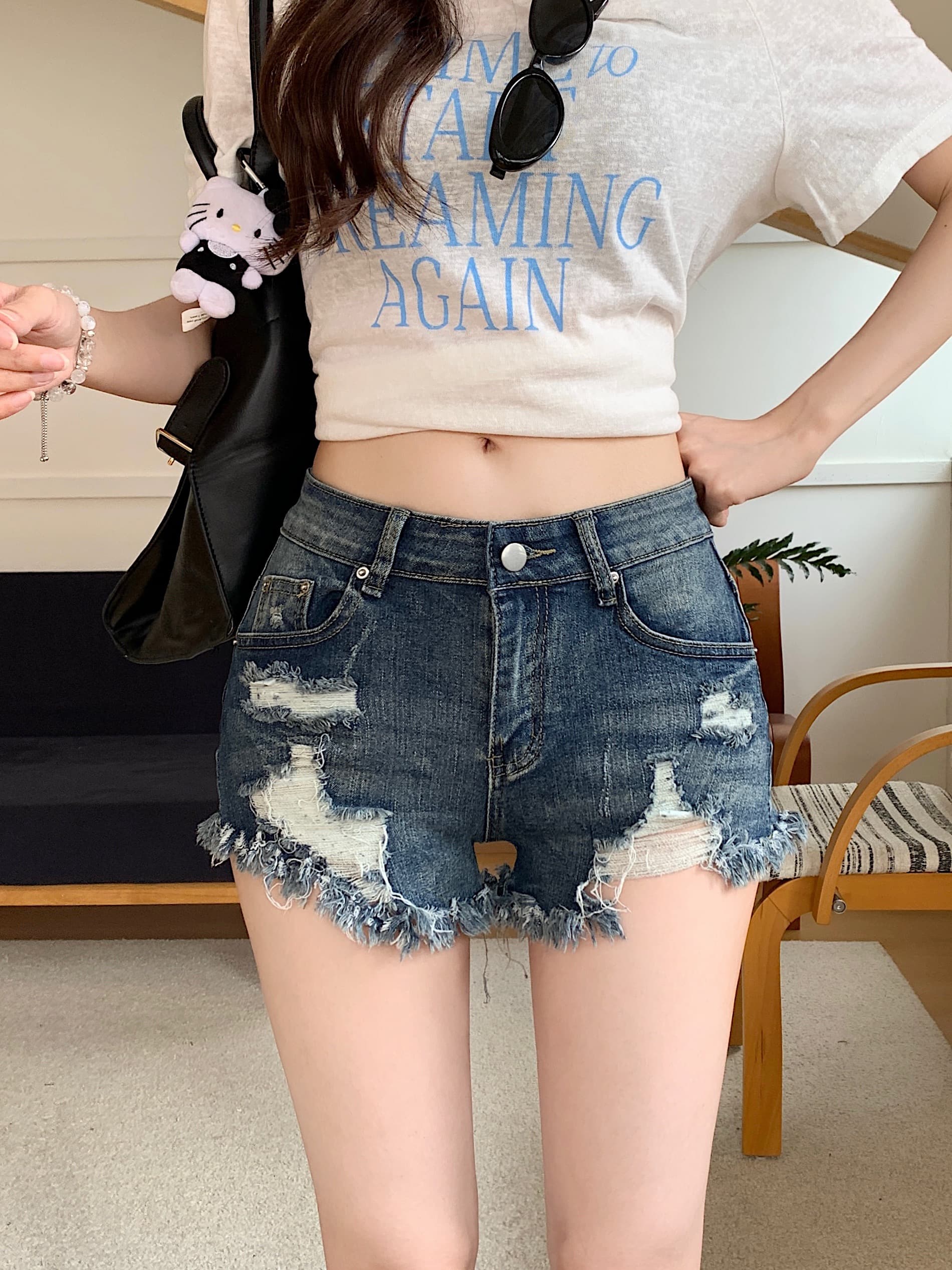 실사 레트로 워싱 찢어진 부분 데님 반바지 여성 핫걸 하이웨이스트 신축성 슬림해 보이는 디스플레이 다리 길이 넓은 다리 핫 바지 상세 이미지 2