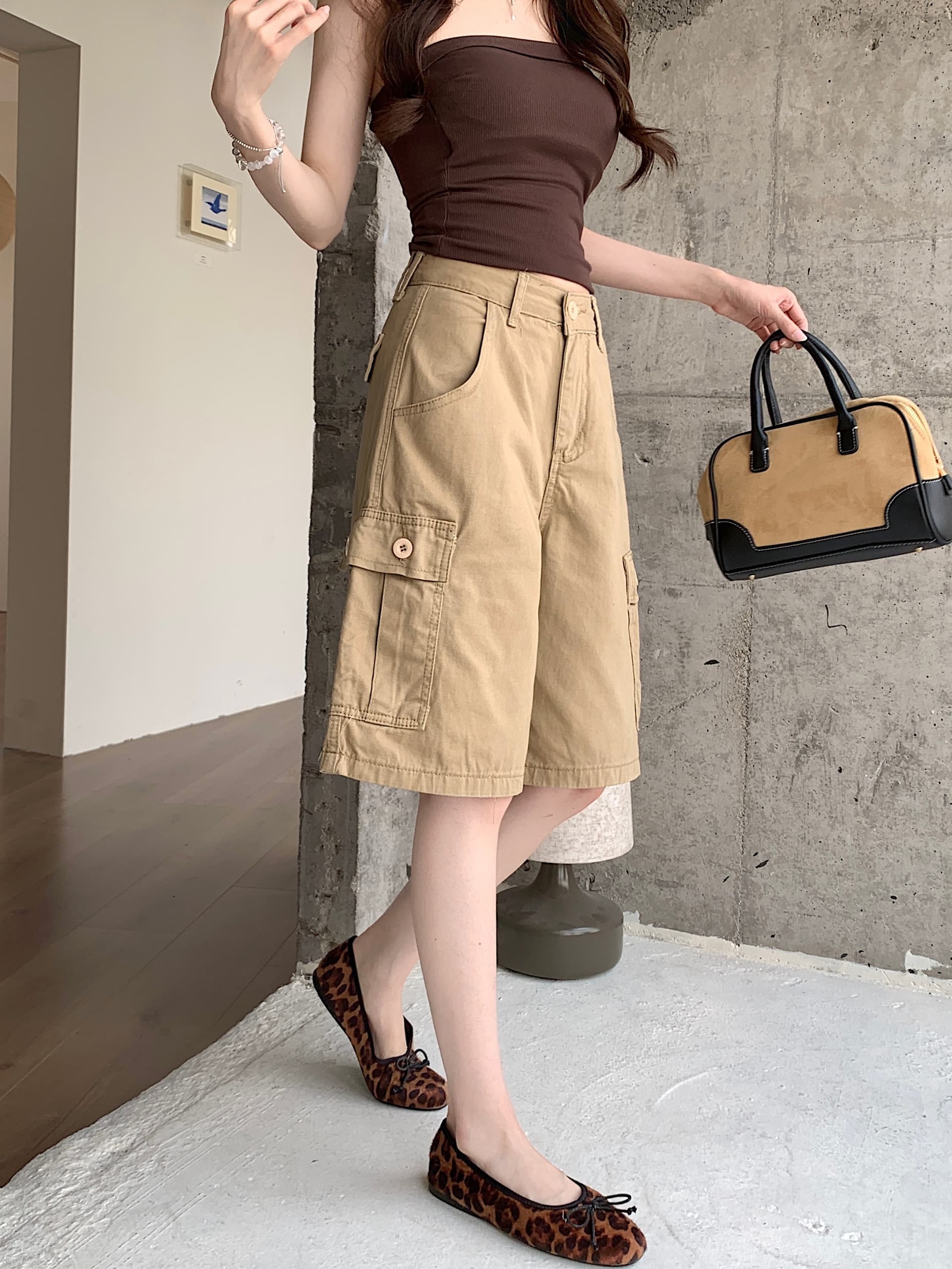 실사 카키 색 기타 주머니 워크웨어 데님 오부 바지 여성 여름 레트로 느슨함 센스 슬림해 보이는 스트레이트 바지 상세 이미지 13
