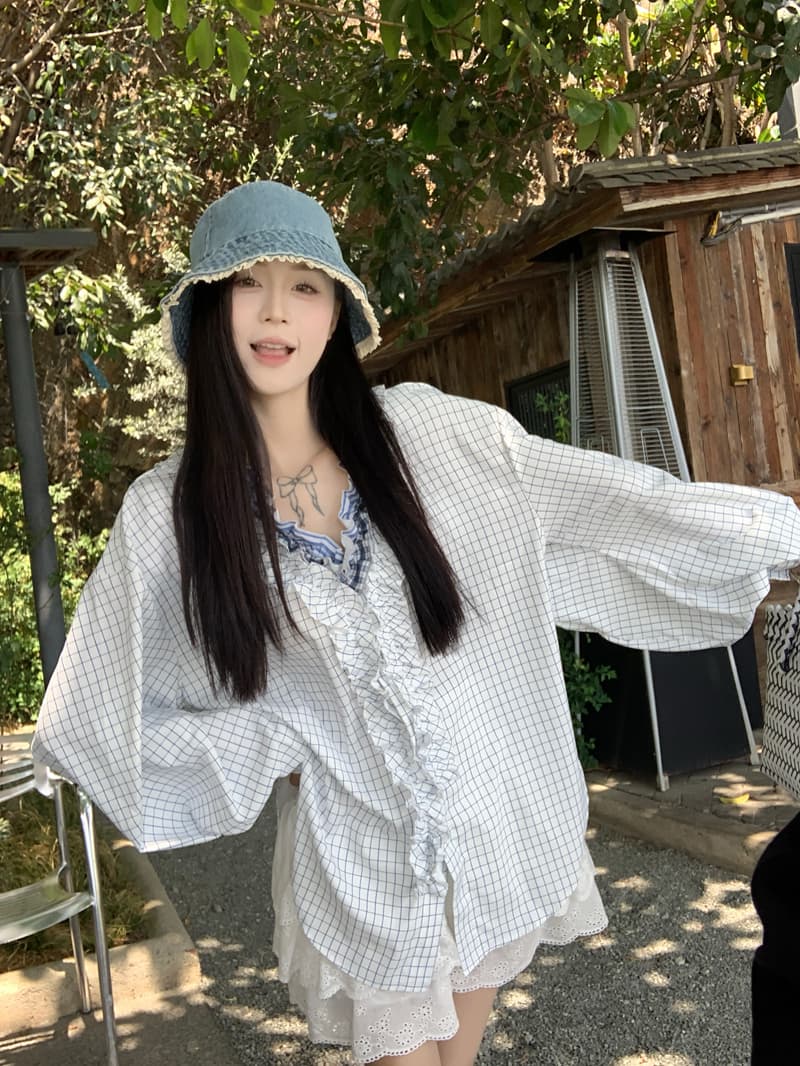 실사 정가 프랑스식 계단식 프릴 칼라 격자 무늬 셔츠 가을 디자인 센스 고유 한 아름다운 긴팔 맨위 상세 이미지 5