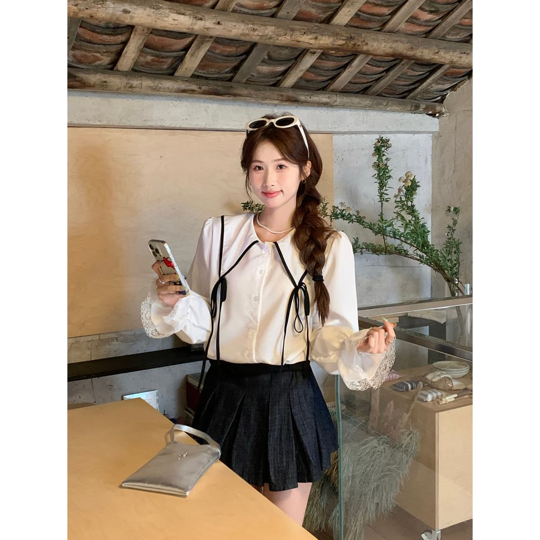 실사 정가 한 부서 나비 넥타이 폴로 칼라 여성 셔츠 가을 새로운 디자인 센스 Chic 긴팔 맨위 이미지 2