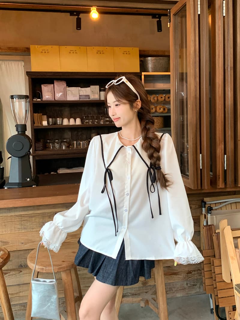 실사 정가 한 부서 나비 넥타이 폴로 칼라 여성 셔츠 가을 새로운 디자인 센스 Chic 긴팔 맨위 이미지 4