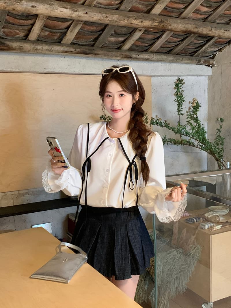 실사 정가 한 부서 나비 넥타이 폴로 칼라 여성 셔츠 가을 새로운 디자인 센스 Chic 긴팔 맨위 상세 이미지 13